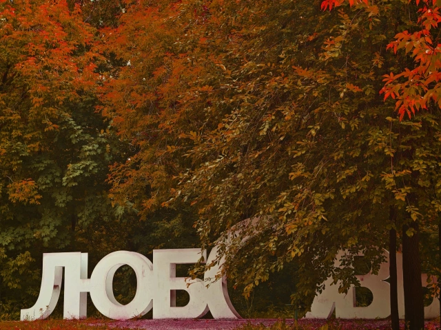 Осенняя локация с надписью ЛЮБОВЬ в парке Горького