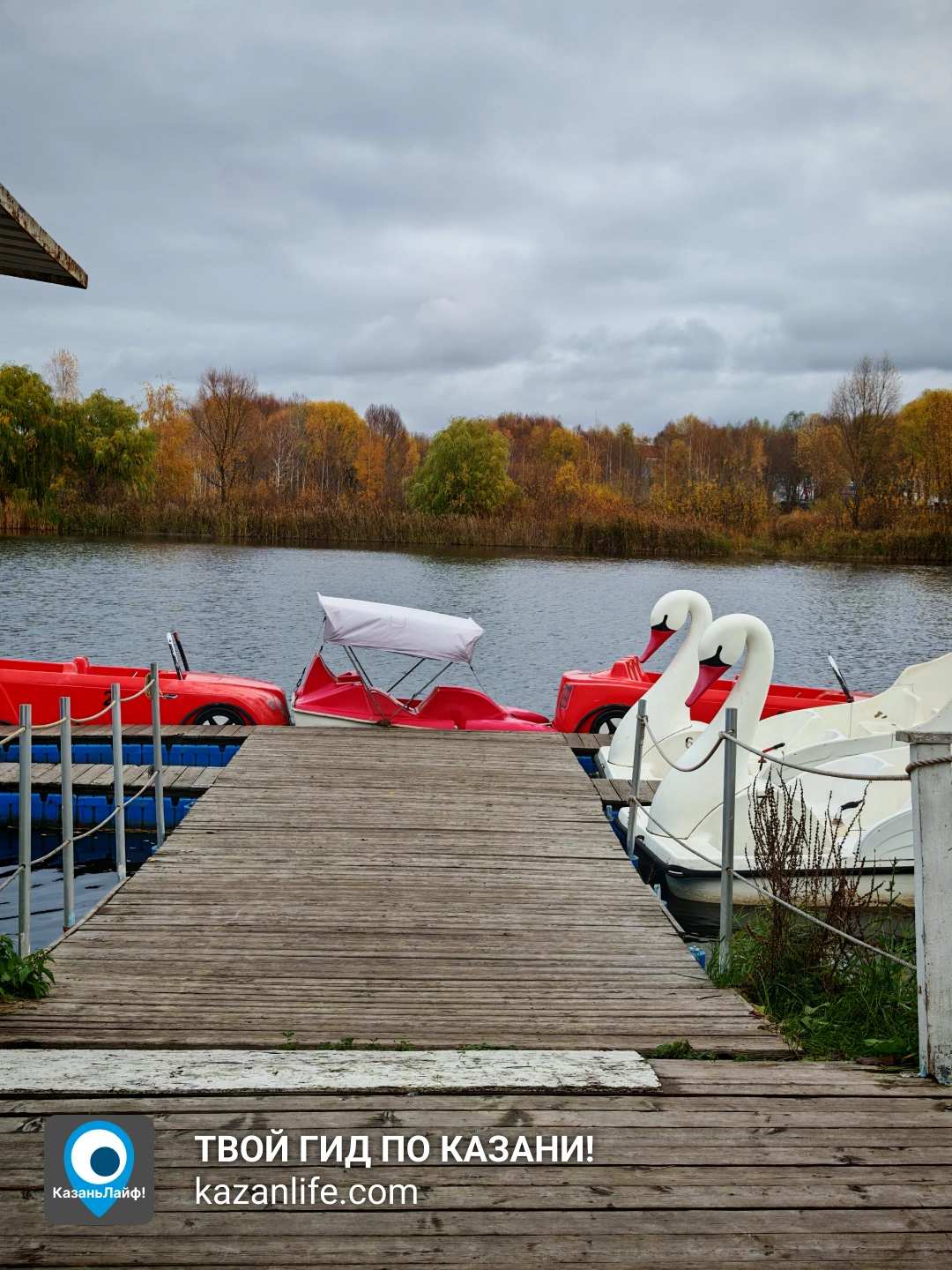 Пирс с катамаранами на озере в парке Победы