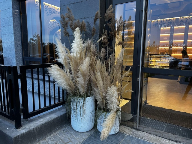 Композиция из пушистых сухоцветов у входа в ресторан Prana